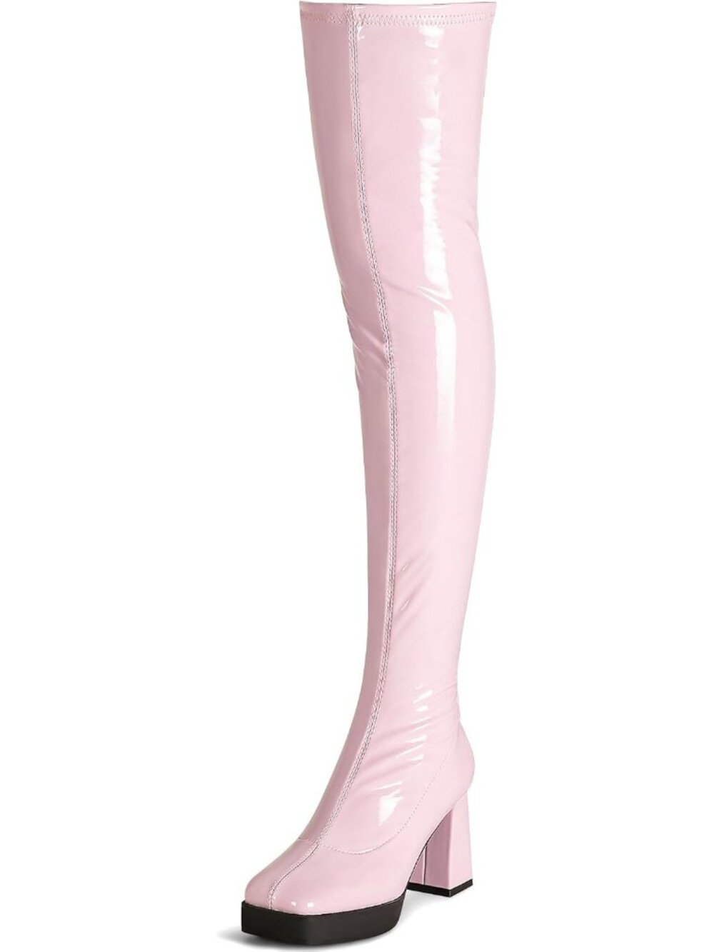 Women's Light Pink Patent Leather PU Square Toe Chunky Heel Stretch Boots